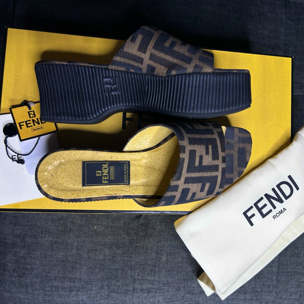 🔥SOLD🔥 Fendi Black and Brown Logo Platform Slides/Sandals